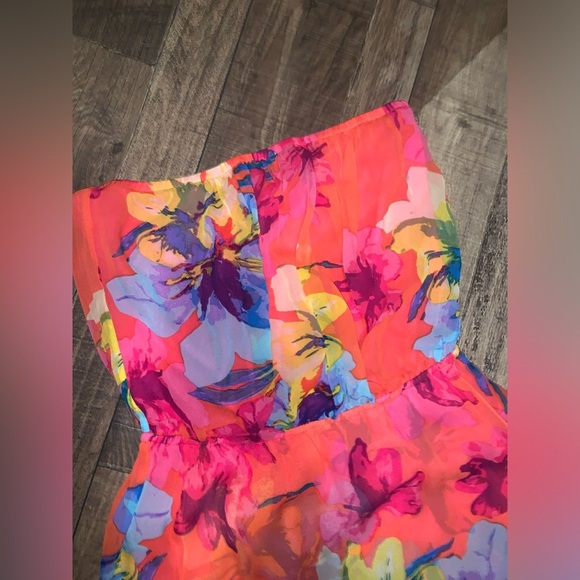 Ella Moss Hibiscus Floral Silk Strapless Dress in guava L $138 spring cocktail - Picture 7 of 10